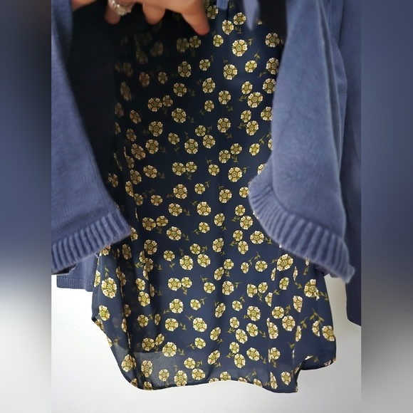 Ann Taylor LOFT Sweater Sz S Navy Tie Split Back Long Sleeve Mixed Media Top - Picture 11 of 12